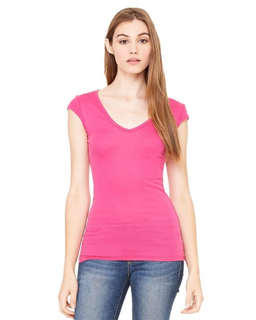 Women's Cap Sleeve Sheer Mini Rib V-neck Tee